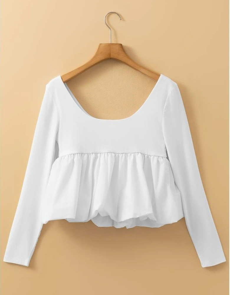 White U Neck Long Sleeve Bubble Hem Top
