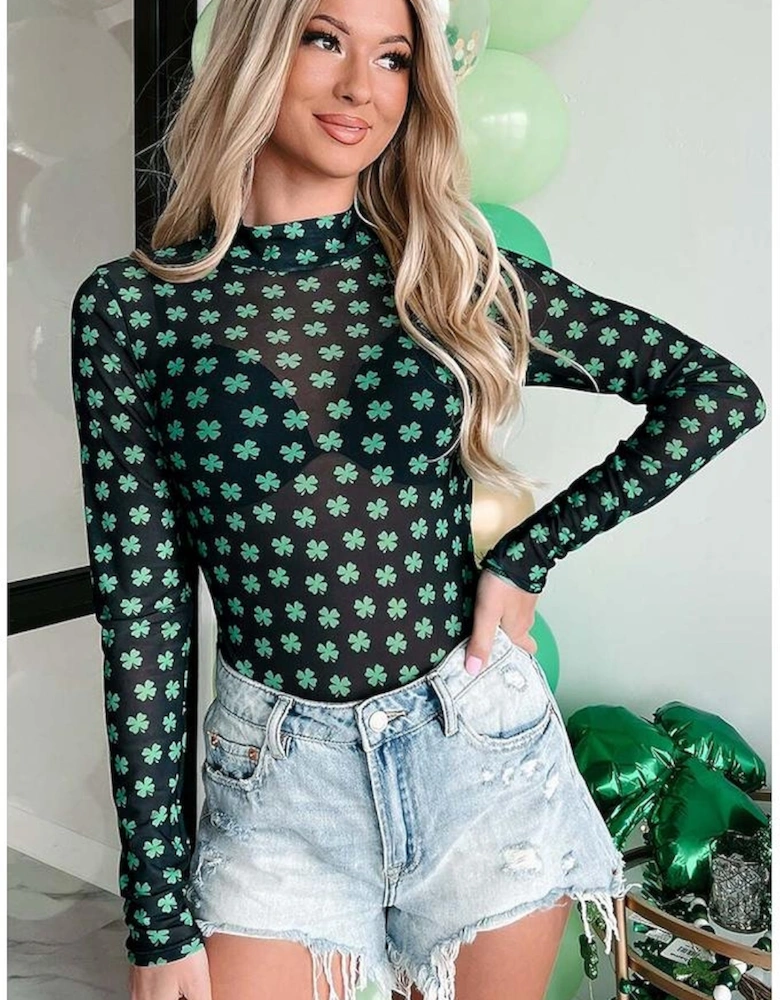 Green St Patrick Shamrock Printed Long Sleeve Mesh Bodysuit