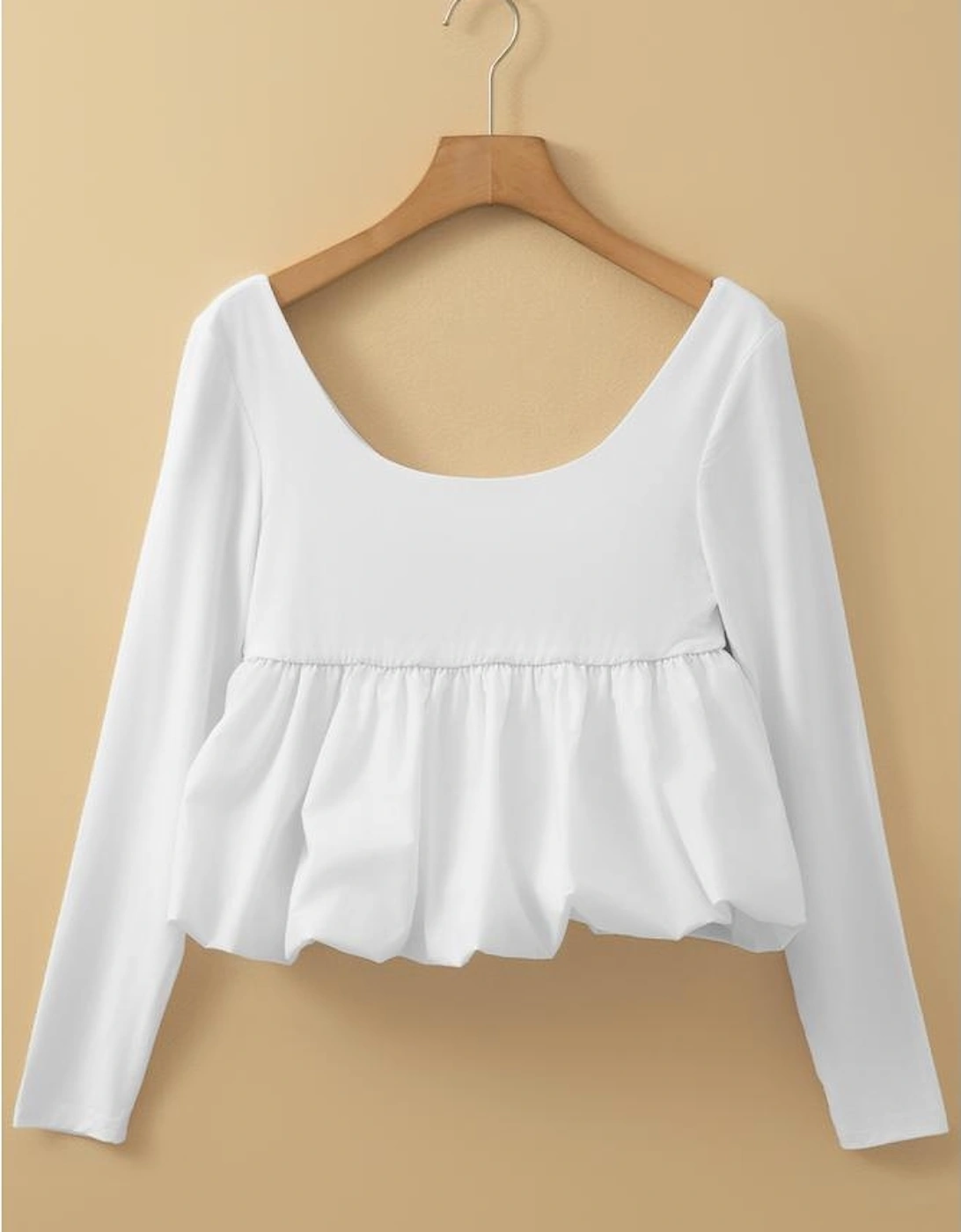 White U Neck Long Sleeve Bubble Hem Top