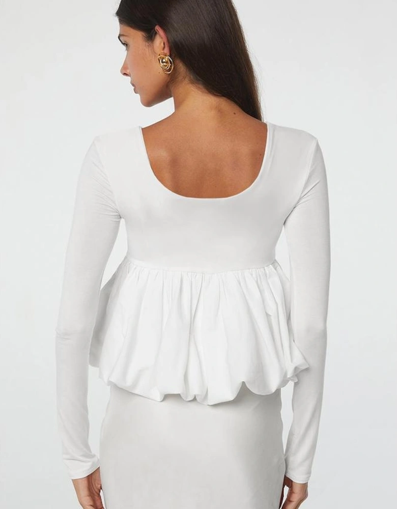 White U Neck Long Sleeve Bubble Hem Top
