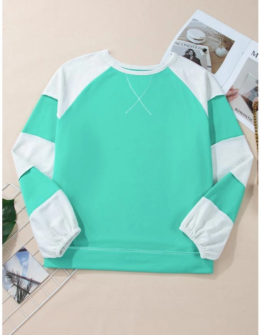 Aruba Blue Colorblock Patchwork Cross Seam Plus Sweatshirt