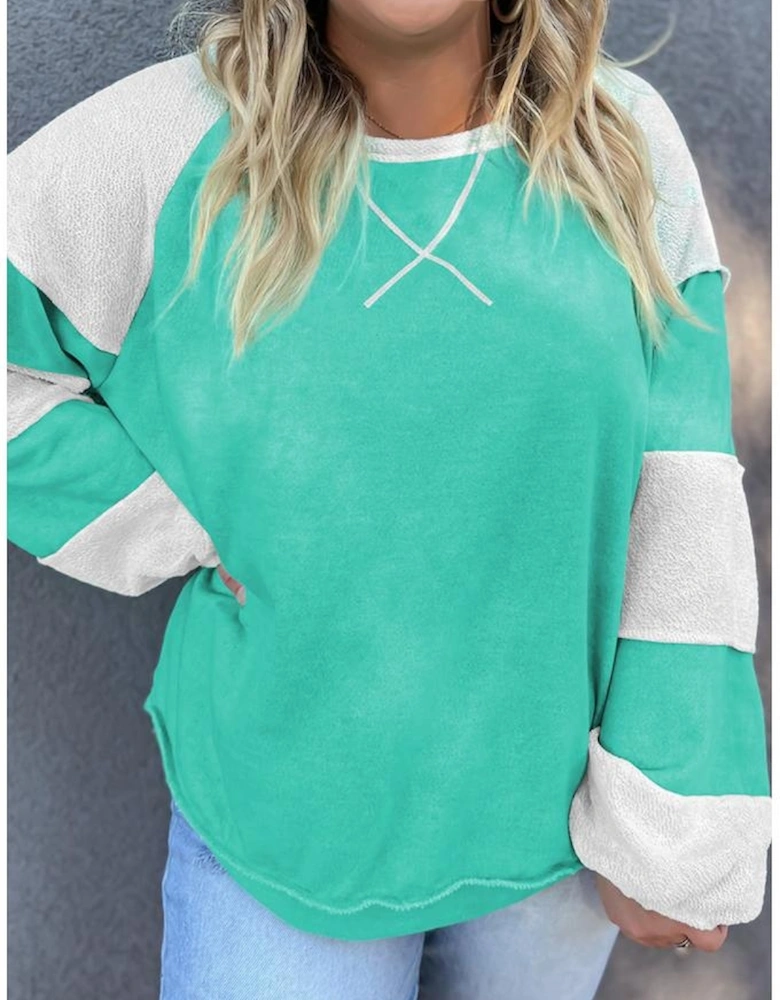 Aruba Blue Colorblock Patchwork Cross Seam Plus Sweatshirt