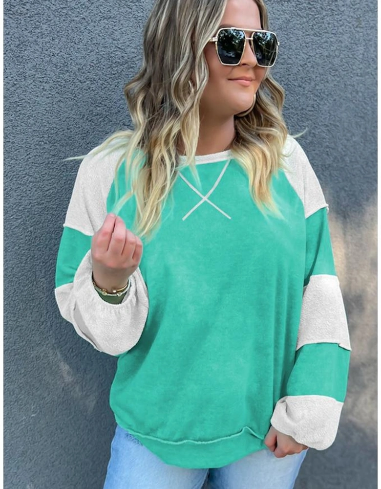 Aruba Blue Colorblock Patchwork Cross Seam Plus Sweatshirt