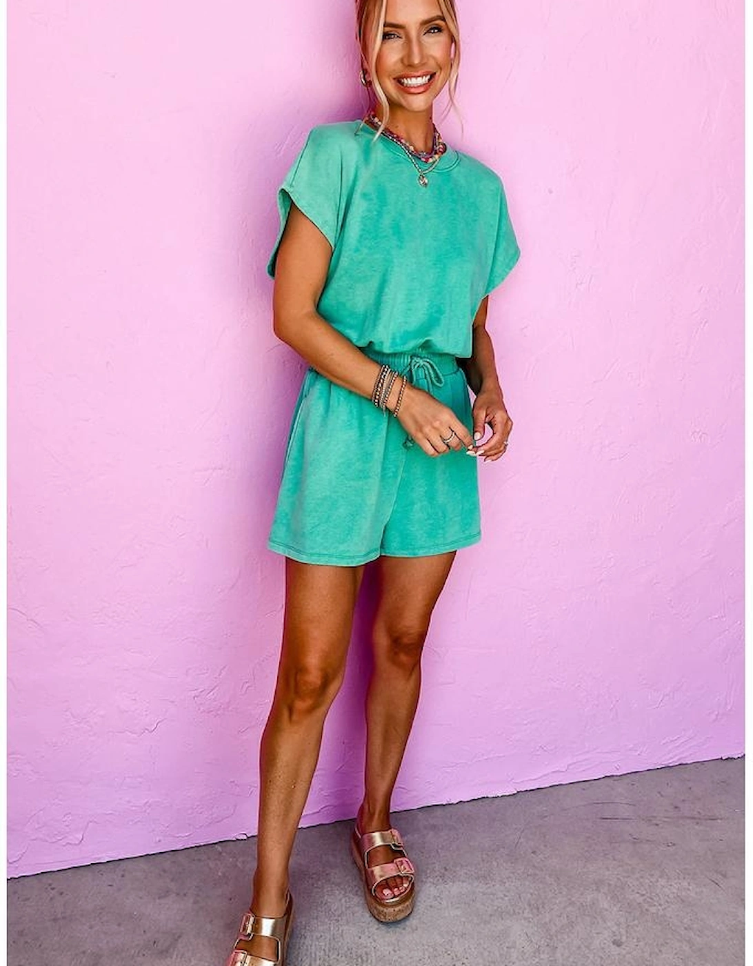Sea Green Mineral Wash Drawstring Waist Hollow Out Back Short Sleeve Romper