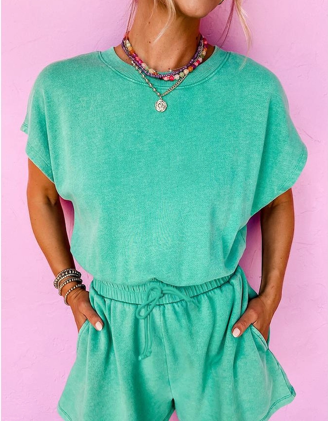 Sea Green Mineral Wash Drawstring Waist Hollow Out Back Short Sleeve Romper, 8 of 7