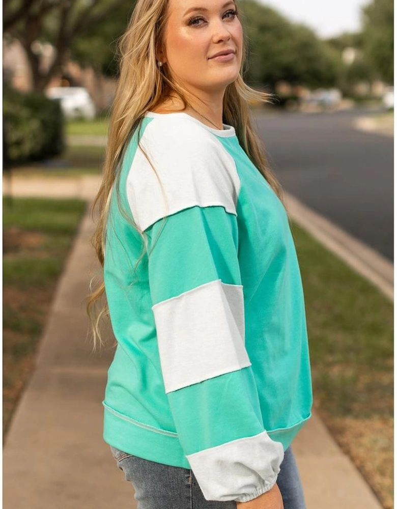 Aruba Blue Colorblock Patchwork Cross Seam Plus Sweatshirt