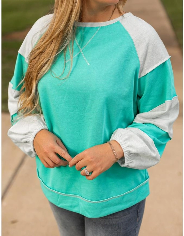 Aruba Blue Colorblock Patchwork Cross Seam Plus Sweatshirt