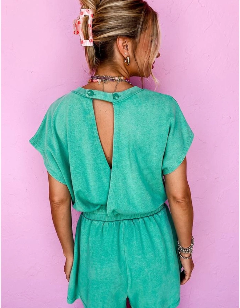 Sea Green Mineral Wash Drawstring Waist Hollow Out Back Short Sleeve Romper