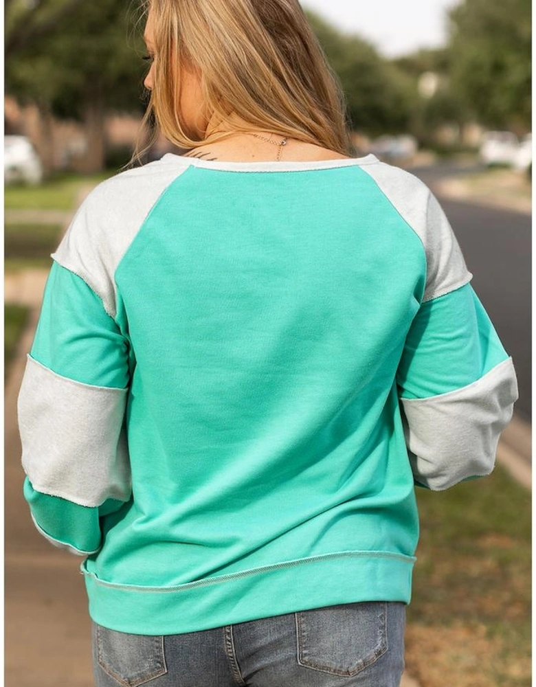 Aruba Blue Colorblock Patchwork Cross Seam Plus Sweatshirt