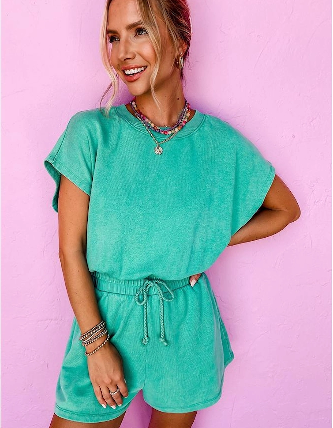 Sea Green Mineral Wash Drawstring Waist Hollow Out Back Short Sleeve Romper