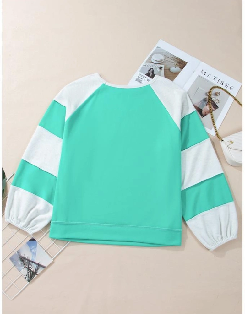 Aruba Blue Colorblock Patchwork Cross Seam Plus Sweatshirt