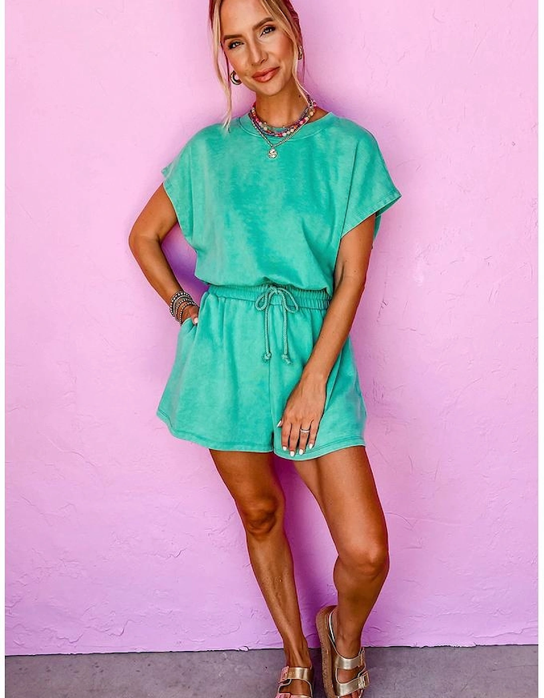 Sea Green Mineral Wash Drawstring Waist Hollow Out Back Short Sleeve Romper