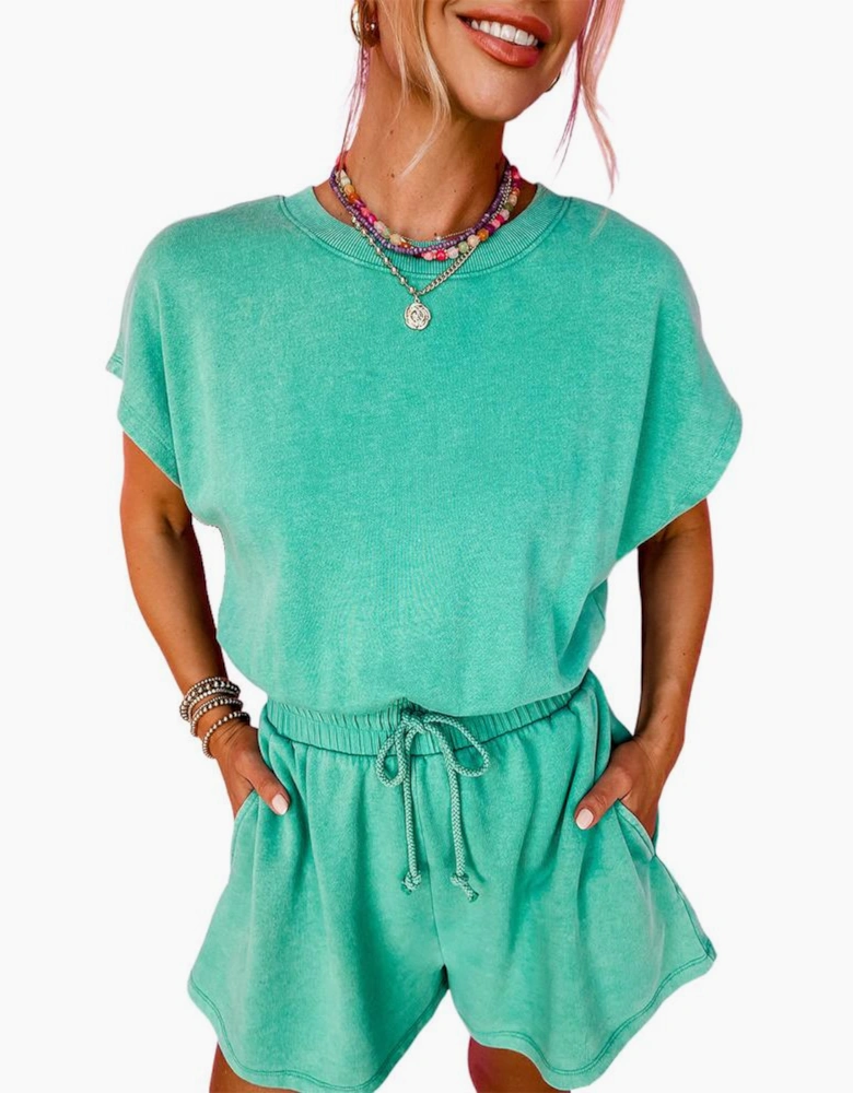 Sea Green Mineral Wash Drawstring Waist Hollow Out Back Short Sleeve Romper