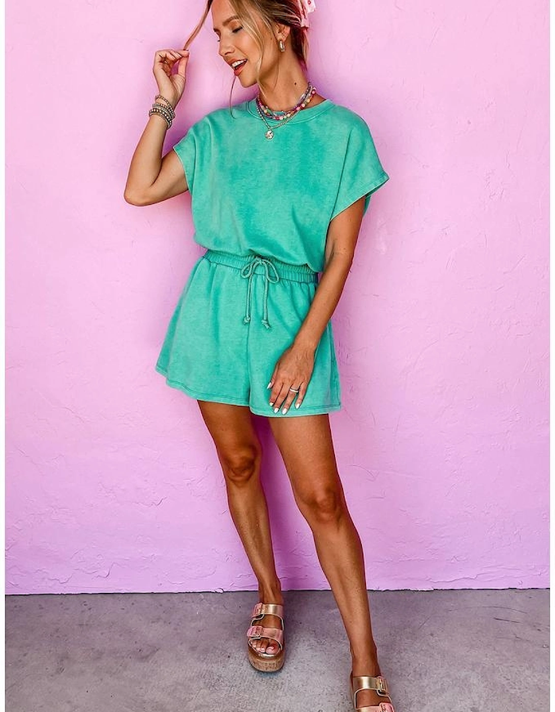 Sea Green Mineral Wash Drawstring Waist Hollow Out Back Short Sleeve Romper