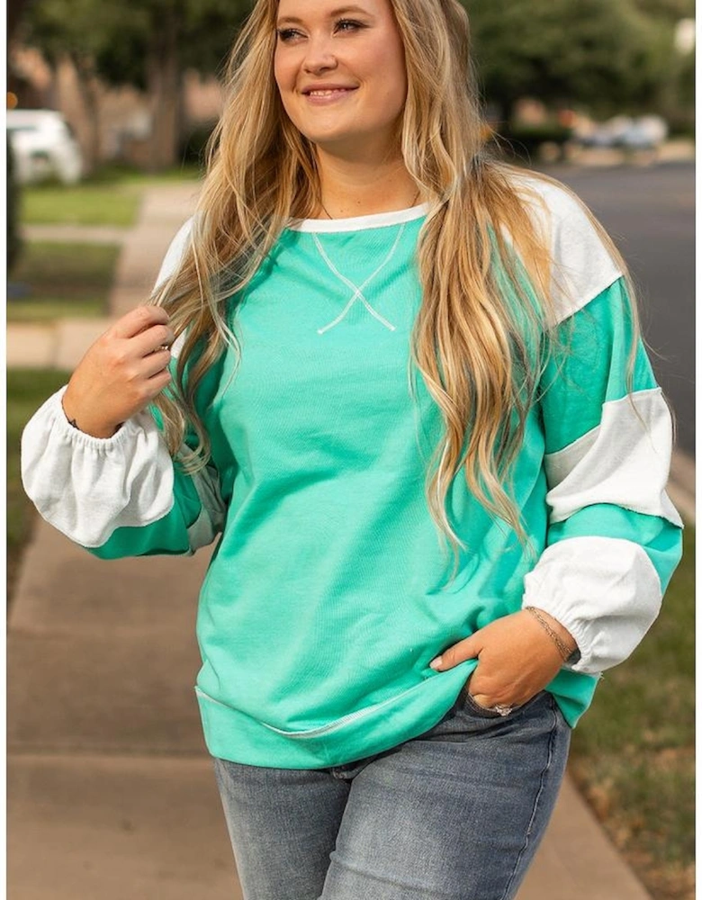 Aruba Blue Colorblock Patchwork Cross Seam Plus Sweatshirt