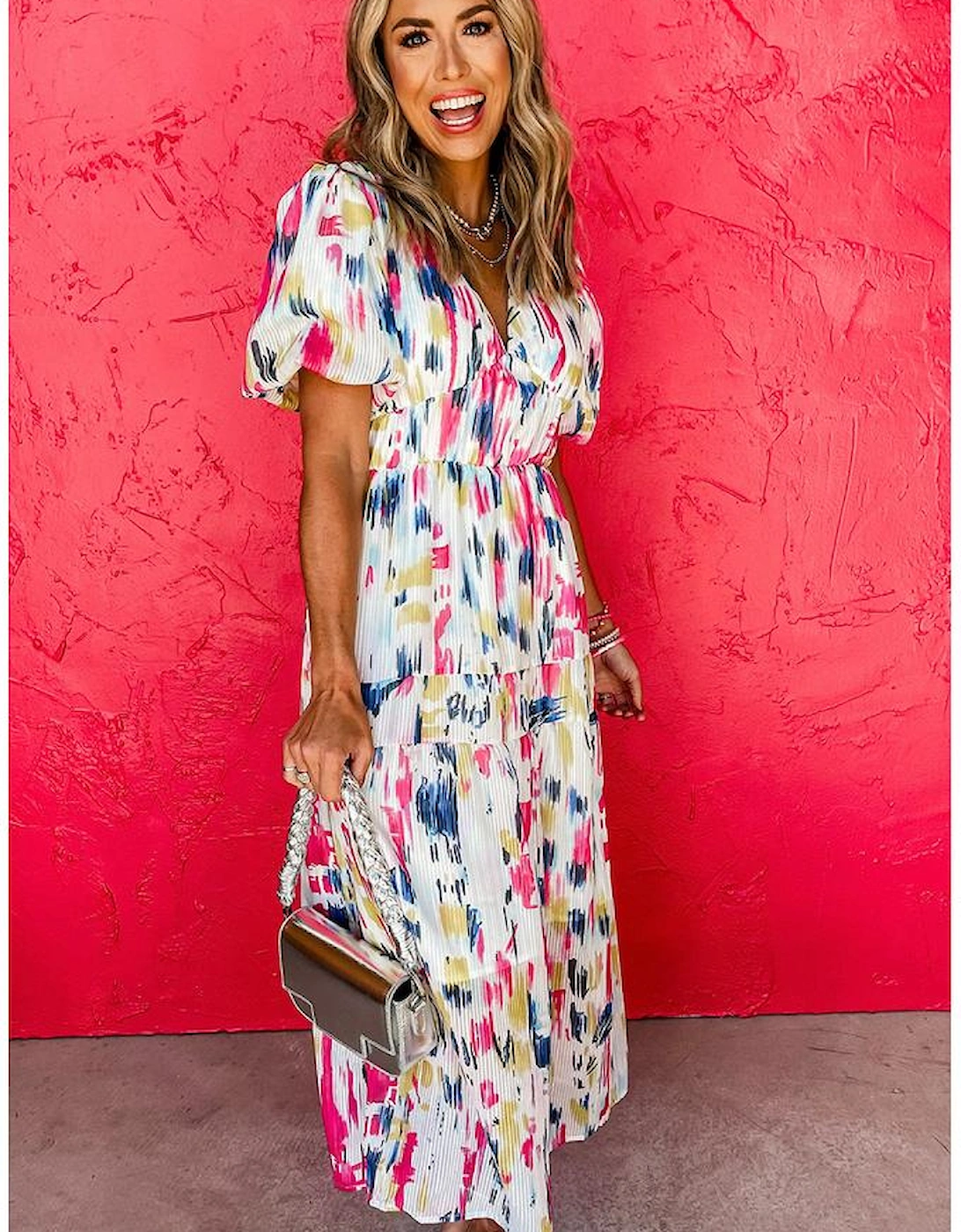 Rose Abstract Print Short Puff Sleeve Tiered Maxi Dress