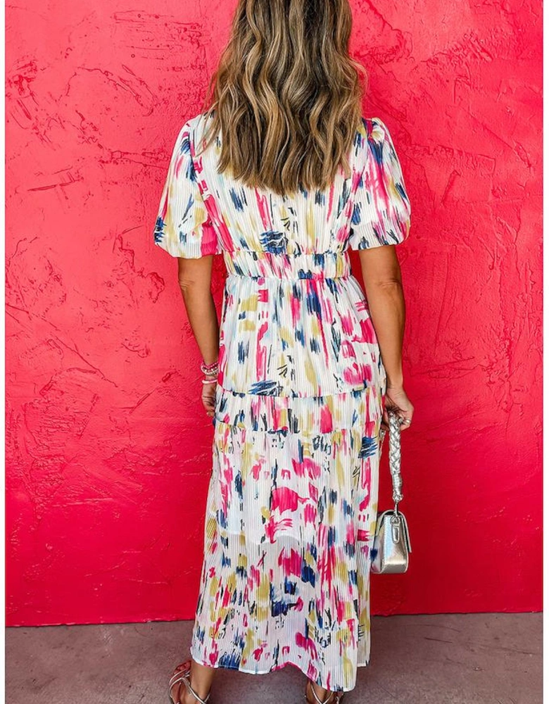 Rose Abstract Print Short Puff Sleeve Tiered Maxi Dress