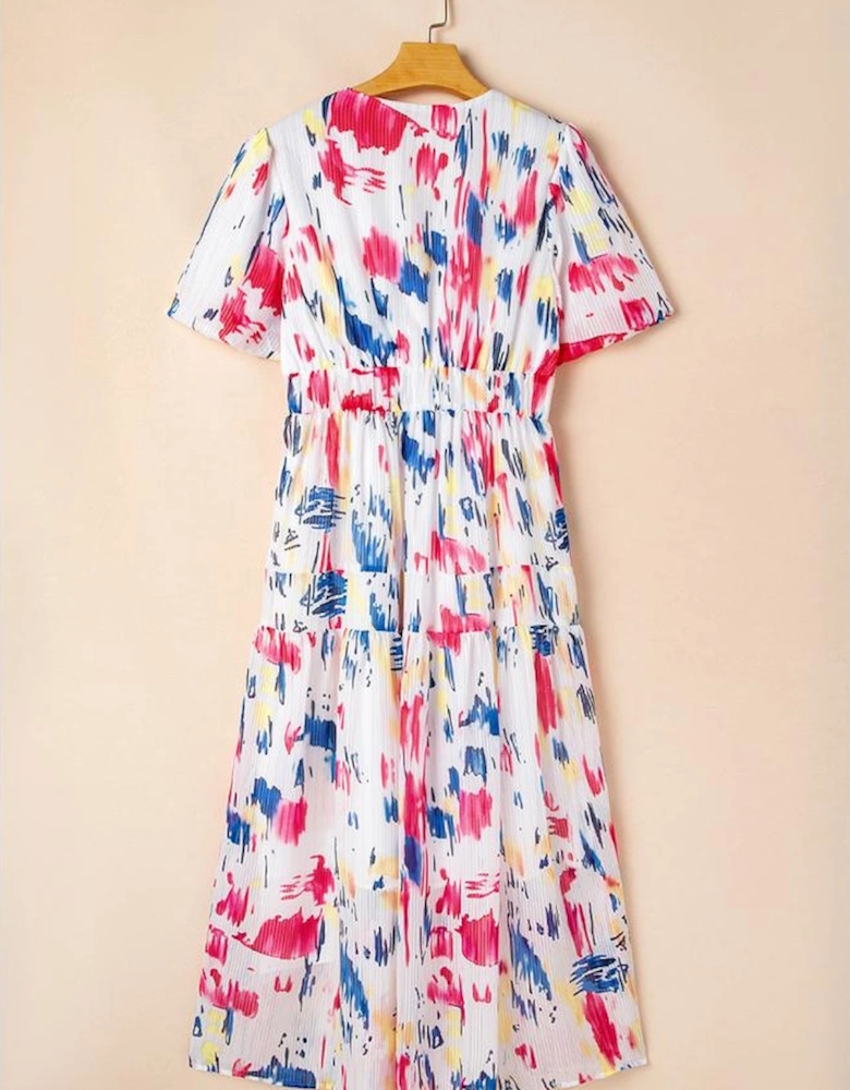 Rose Abstract Print Short Puff Sleeve Tiered Maxi Dress