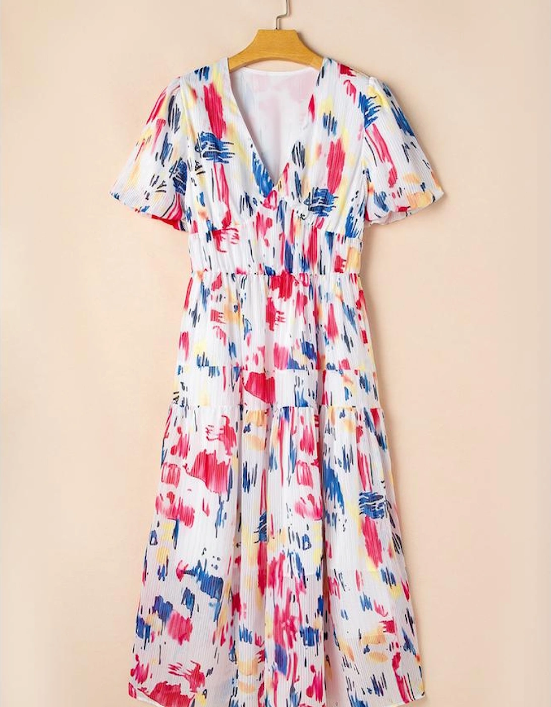 Rose Abstract Print Short Puff Sleeve Tiered Maxi Dress