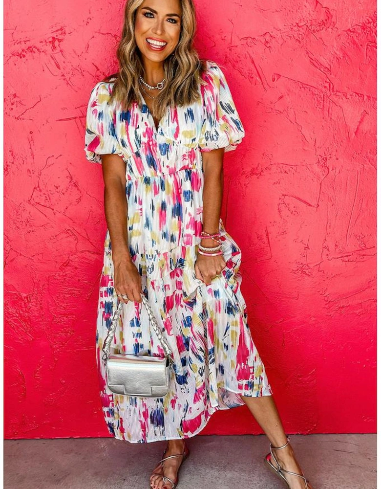 Rose Abstract Print Short Puff Sleeve Tiered Maxi Dress