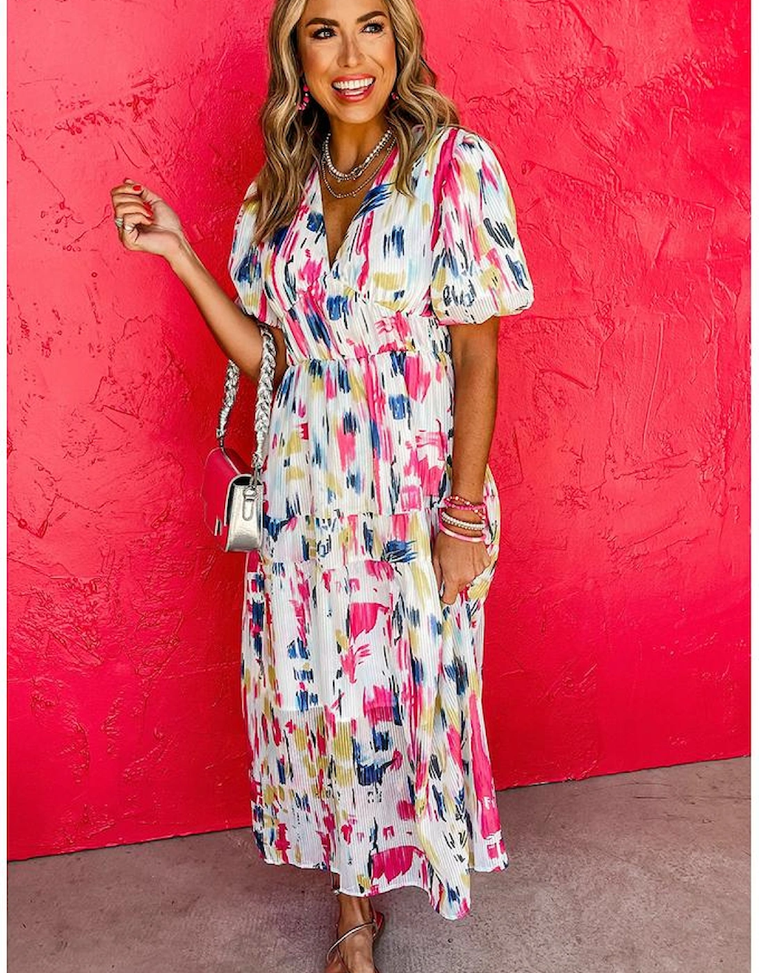 Rose Abstract Print Short Puff Sleeve Tiered Maxi Dress