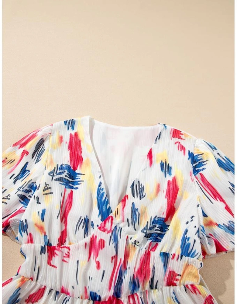 Rose Abstract Print Short Puff Sleeve Tiered Maxi Dress