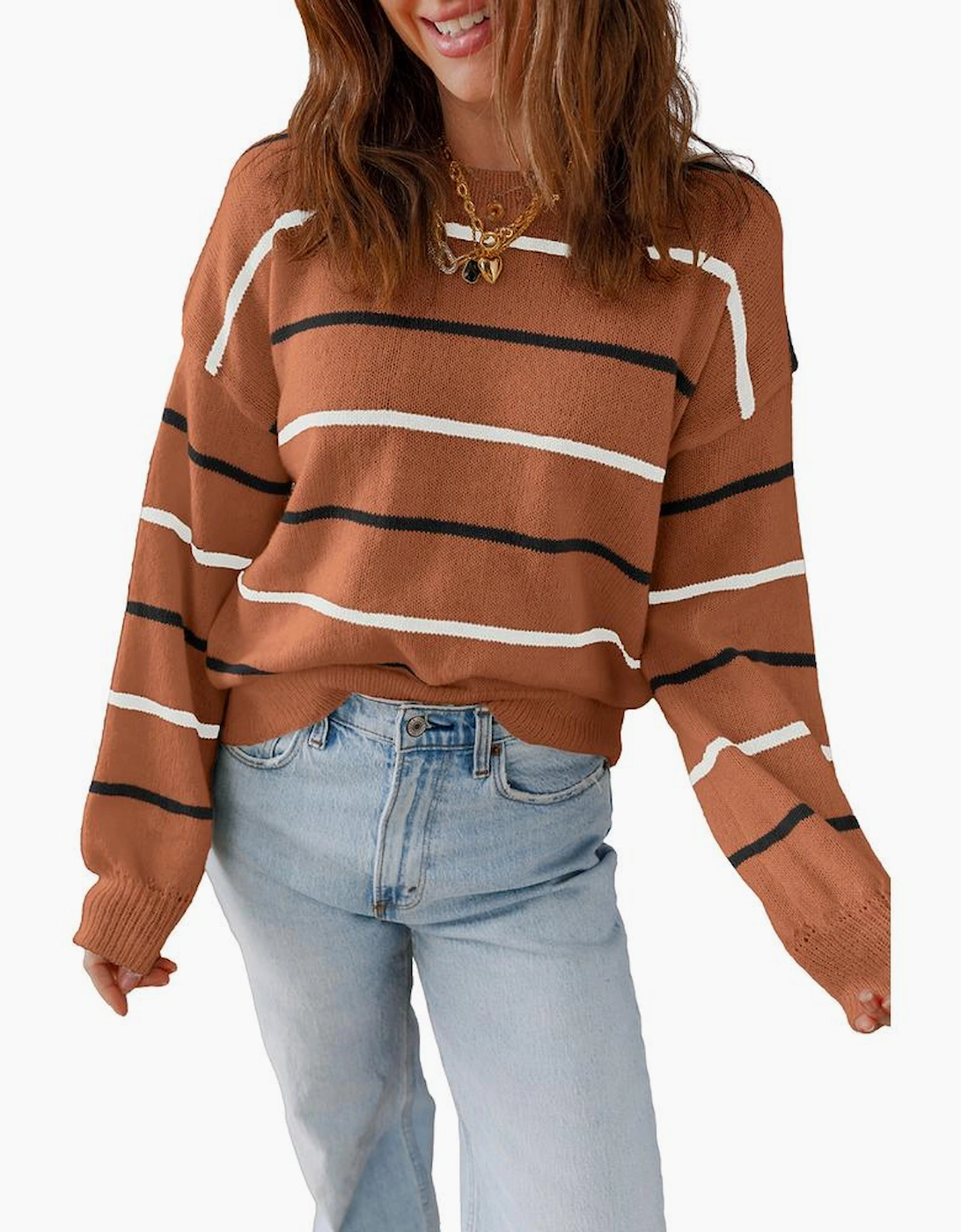 Brown Stripe Striped Ribbed Edge Drop Shoulder Sweater