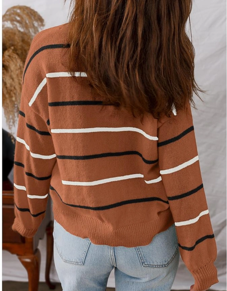 Brown Stripe Striped Ribbed Edge Drop Shoulder Sweater