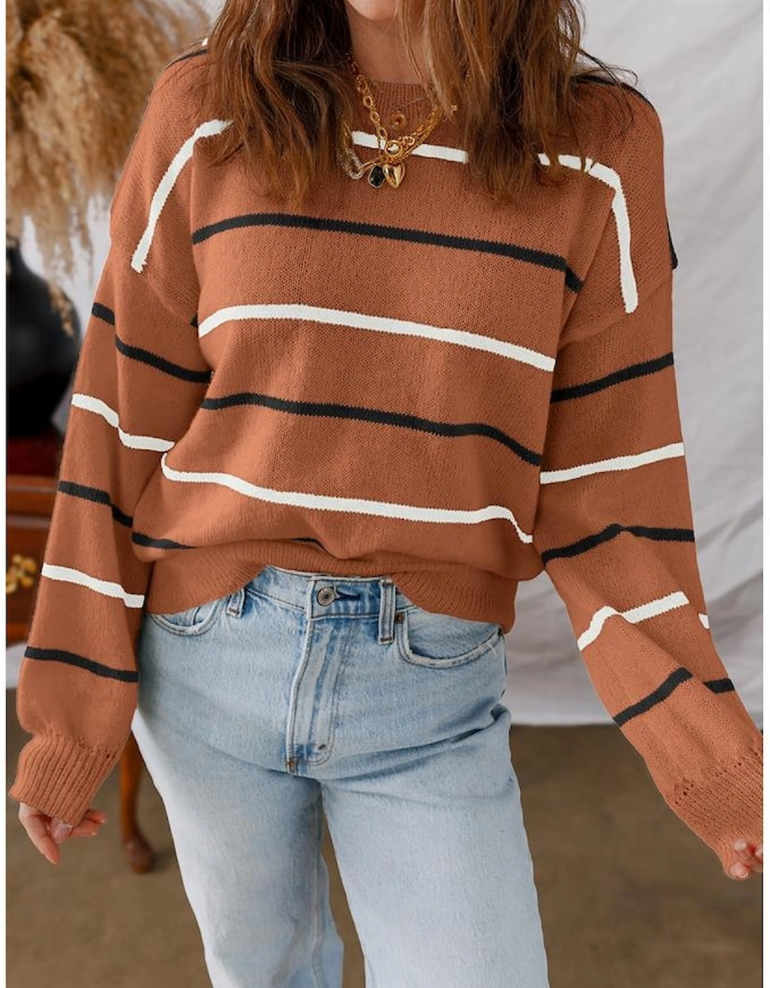 Brown Stripe Striped Ribbed Edge Drop Shoulder Sweater