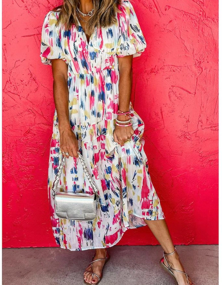 Rose Abstract Print Short Puff Sleeve Tiered Maxi Dress