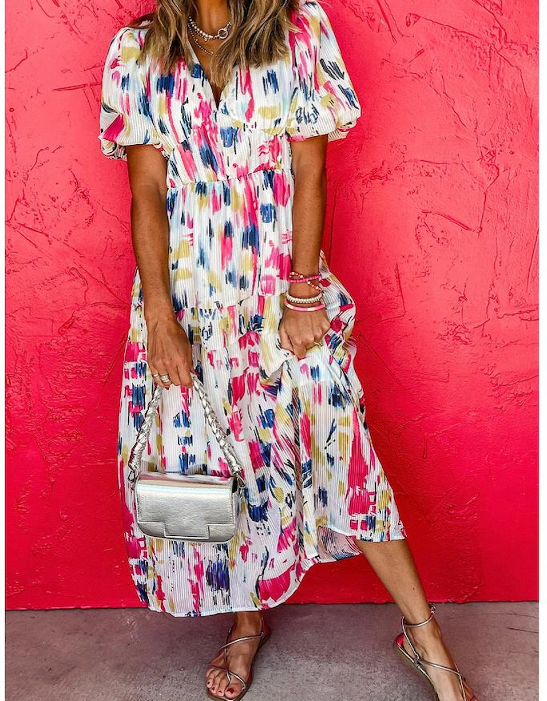 Rose Abstract Print Short Puff Sleeve Tiered Maxi Dress
