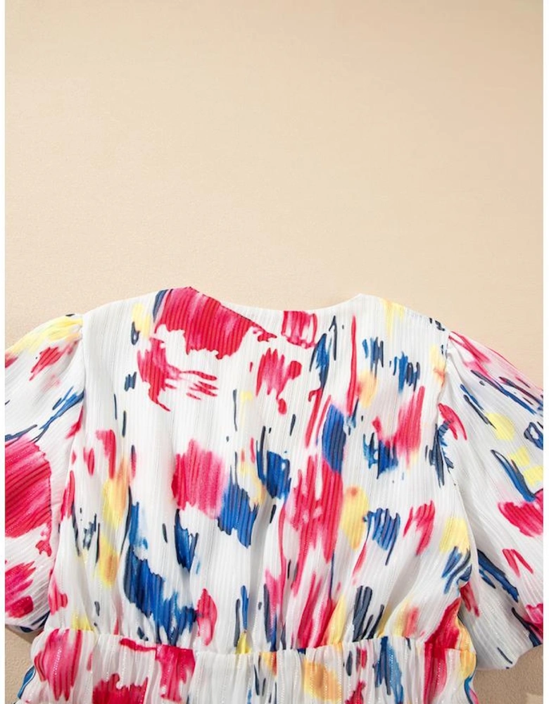 Rose Abstract Print Short Puff Sleeve Tiered Maxi Dress