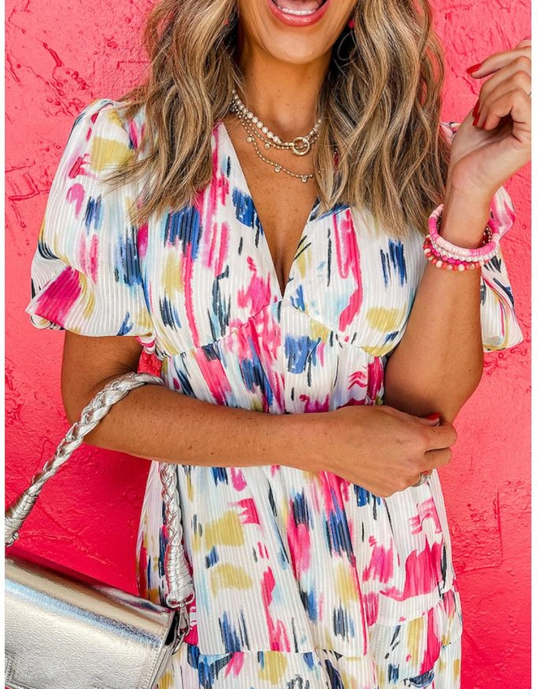 Rose Abstract Print Short Puff Sleeve Tiered Maxi Dress