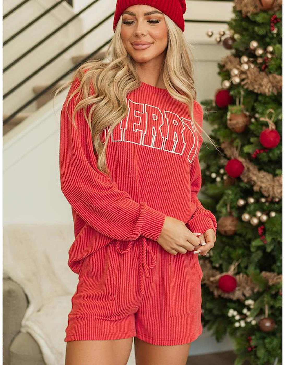 Racing Red Corded MERRY Graphic Long Sleeve Top and Shorts Set, 13 of 12