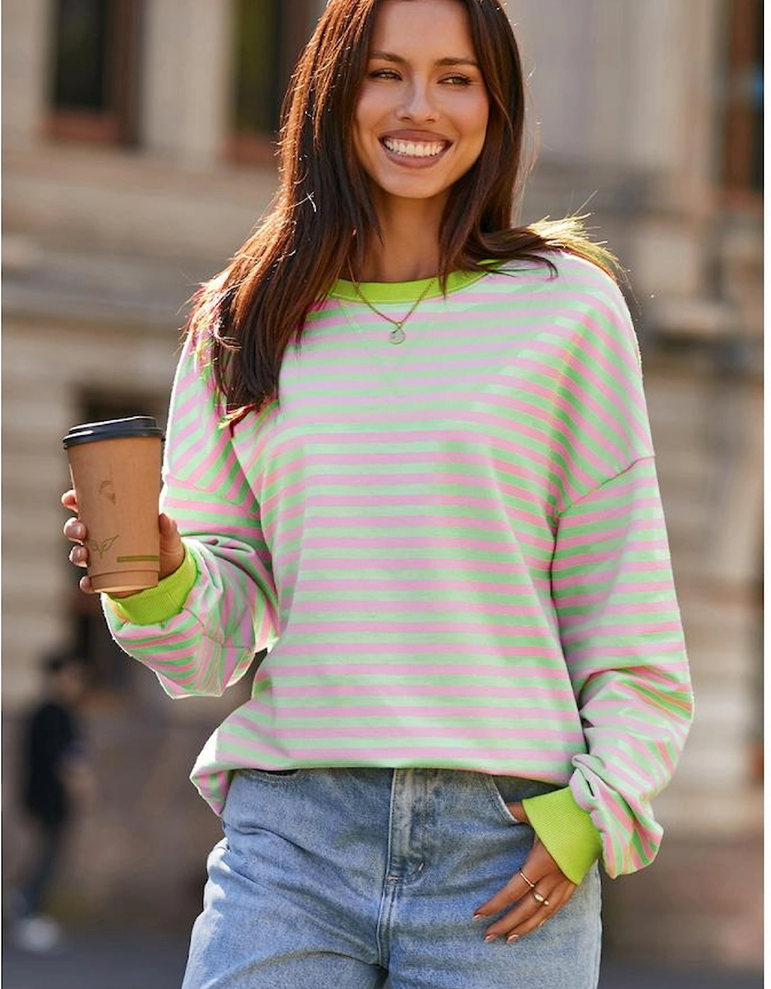 Green Stripe Contrast Ribbed Trim Crossed Stitch Drop Shoulder Sweatshirt