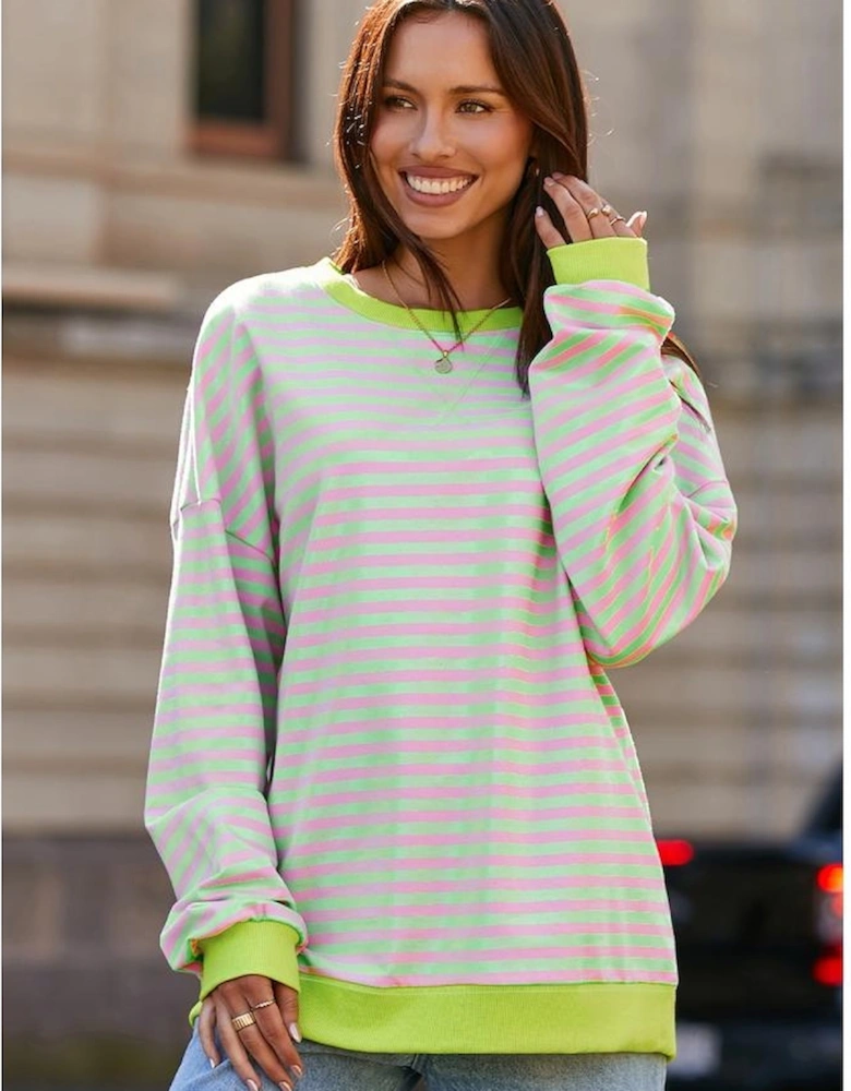 Green Stripe Contrast Ribbed Trim Crossed Stitch Drop Shoulder Sweatshirt