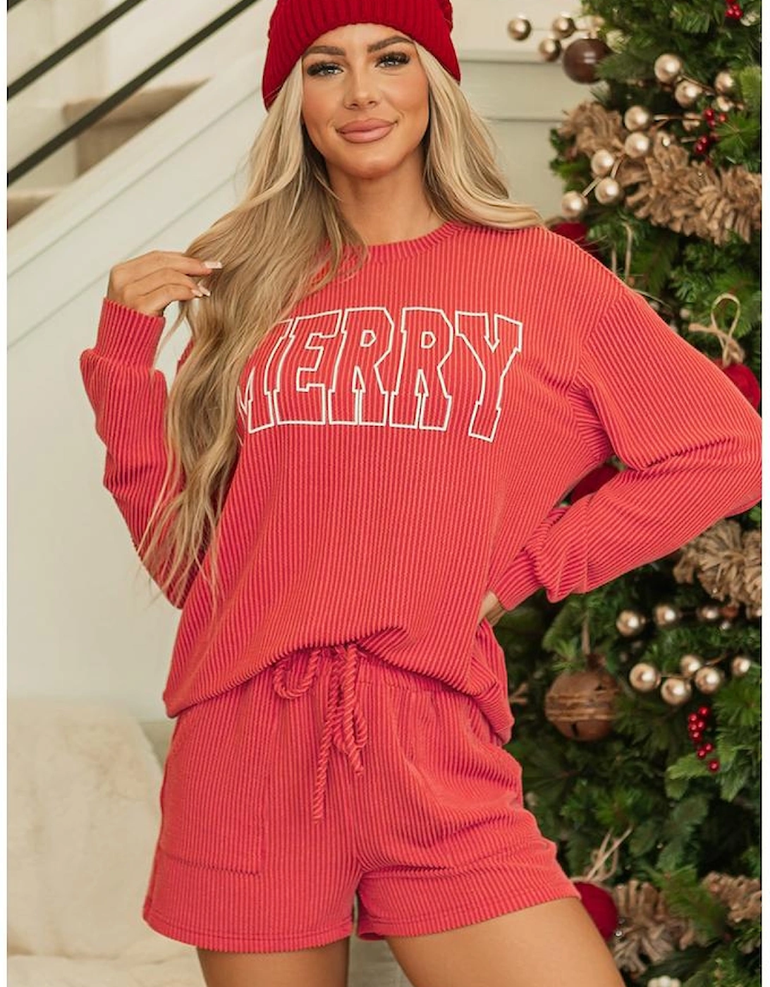 Racing Red Corded MERRY Graphic Long Sleeve Top and Shorts Set