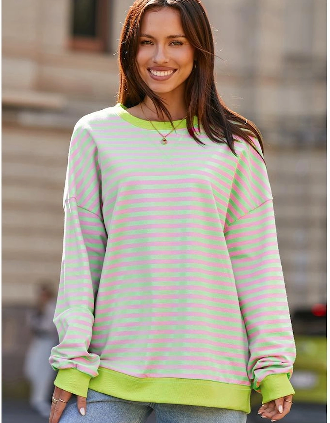 Green Stripe Contrast Ribbed Trim Crossed Stitch Drop Shoulder Sweatshirt