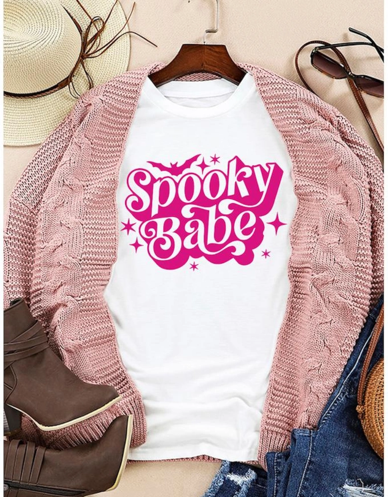 White Spooky Babe Bat Print Halloween Crewneck T Shirt