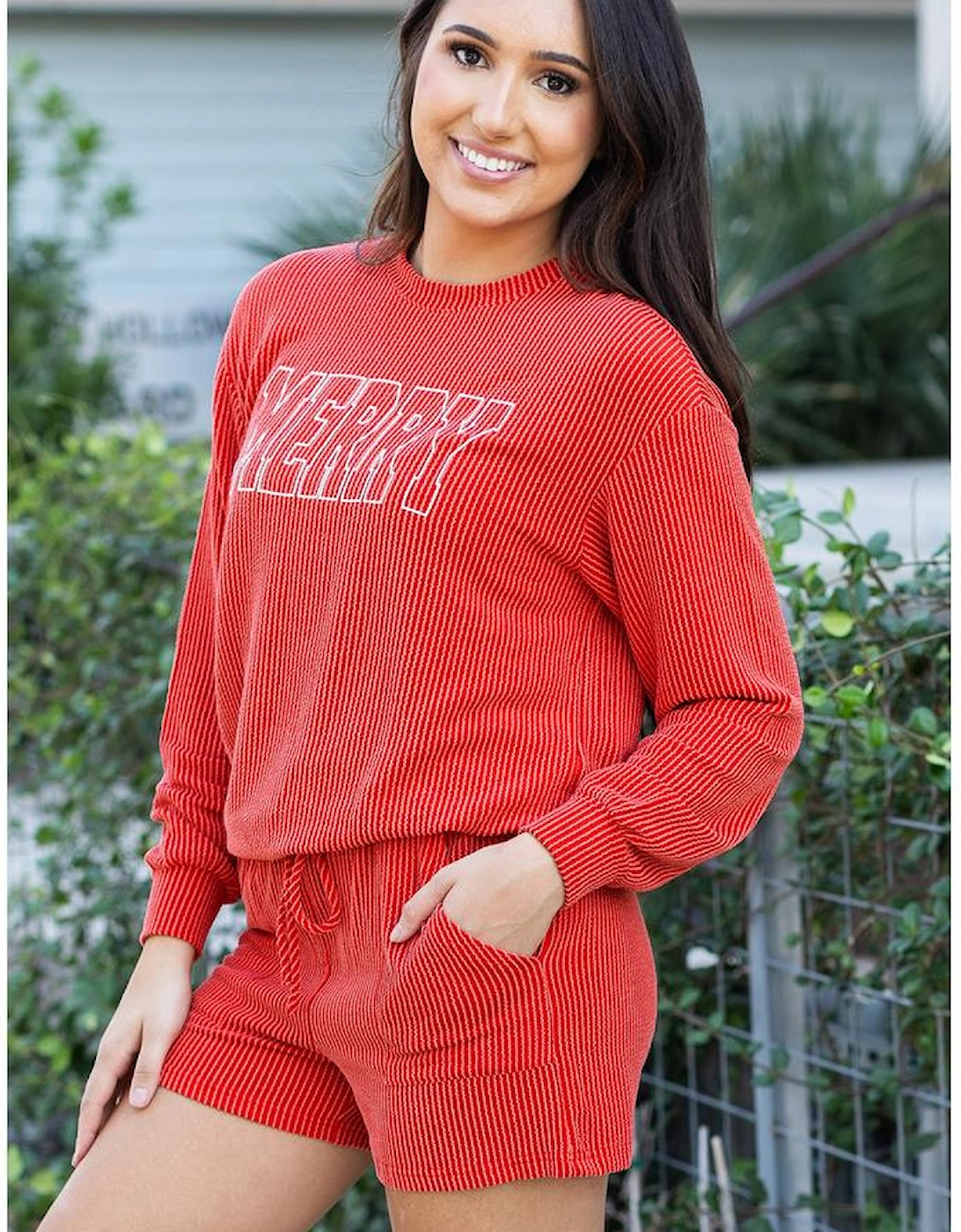 Racing Red Corded MERRY Graphic Long Sleeve Top and Shorts Set