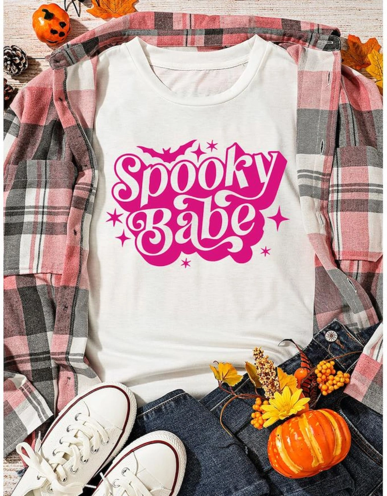White Spooky Babe Bat Print Halloween Crewneck T Shirt