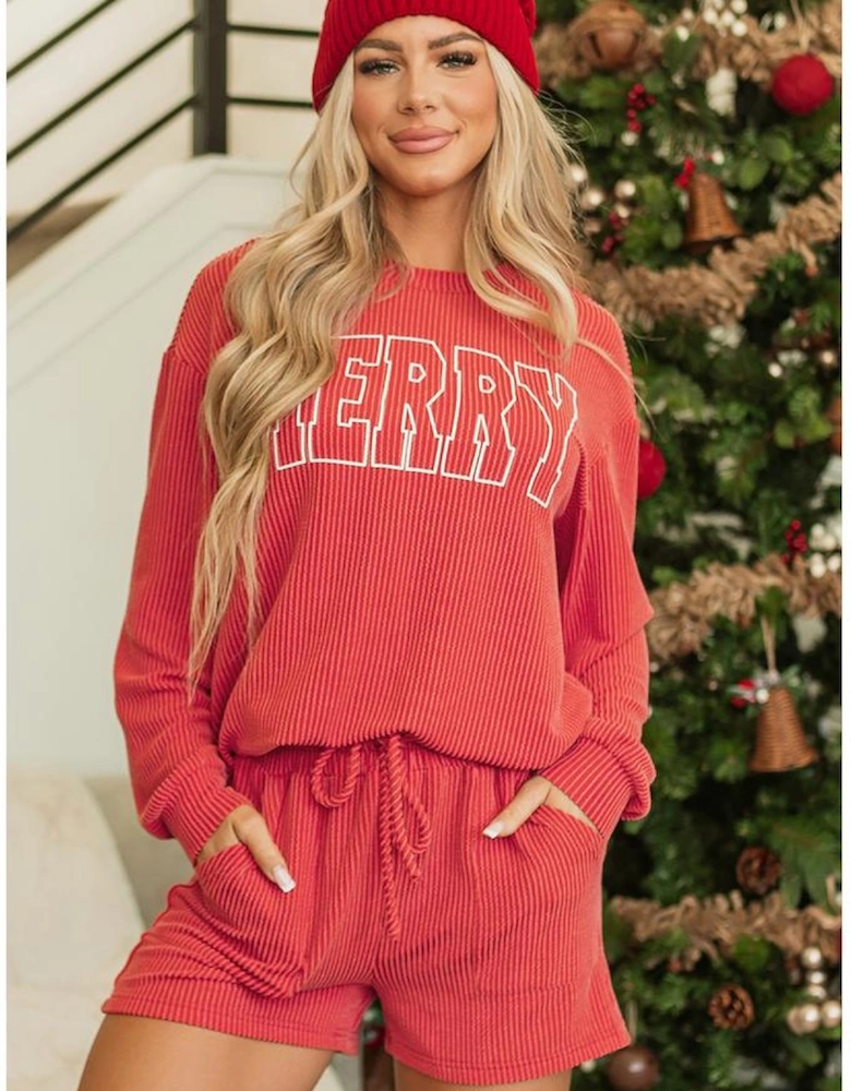 Racing Red Corded MERRY Graphic Long Sleeve Top and Shorts Set