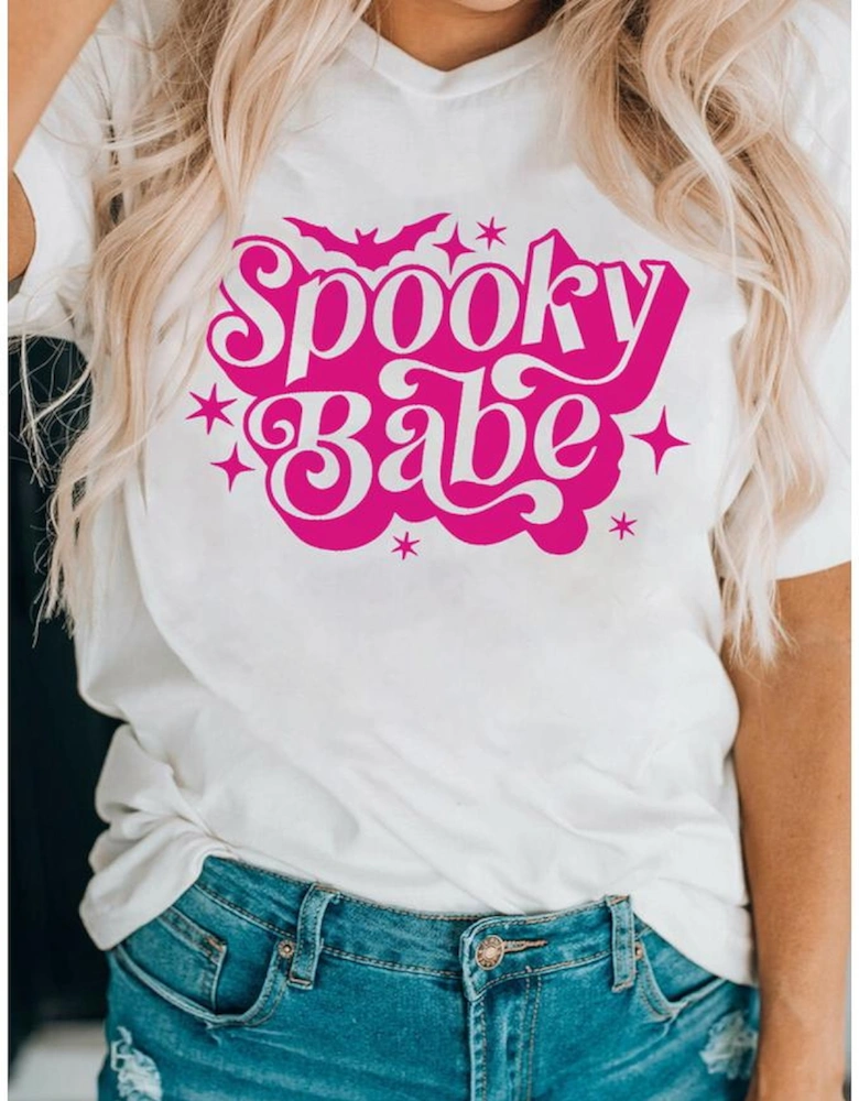 White Spooky Babe Bat Print Halloween Crewneck T Shirt