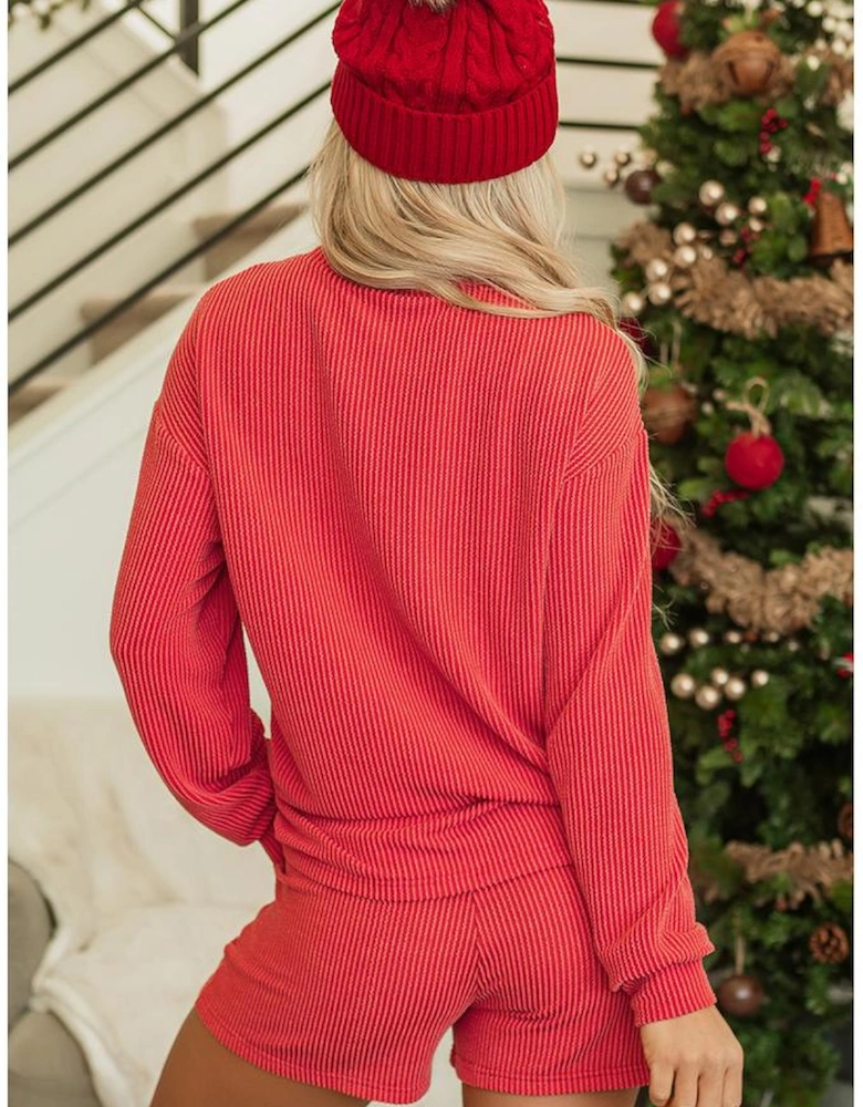 Racing Red Corded MERRY Graphic Long Sleeve Top and Shorts Set
