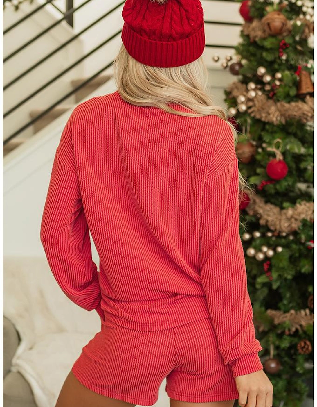 Racing Red Corded MERRY Graphic Long Sleeve Top and Shorts Set