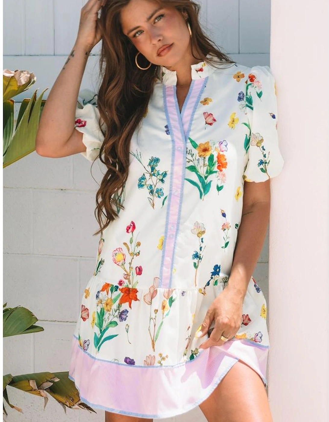 White Floral Print Contrast Striped Patchwork Short Puff Sleeve Dress