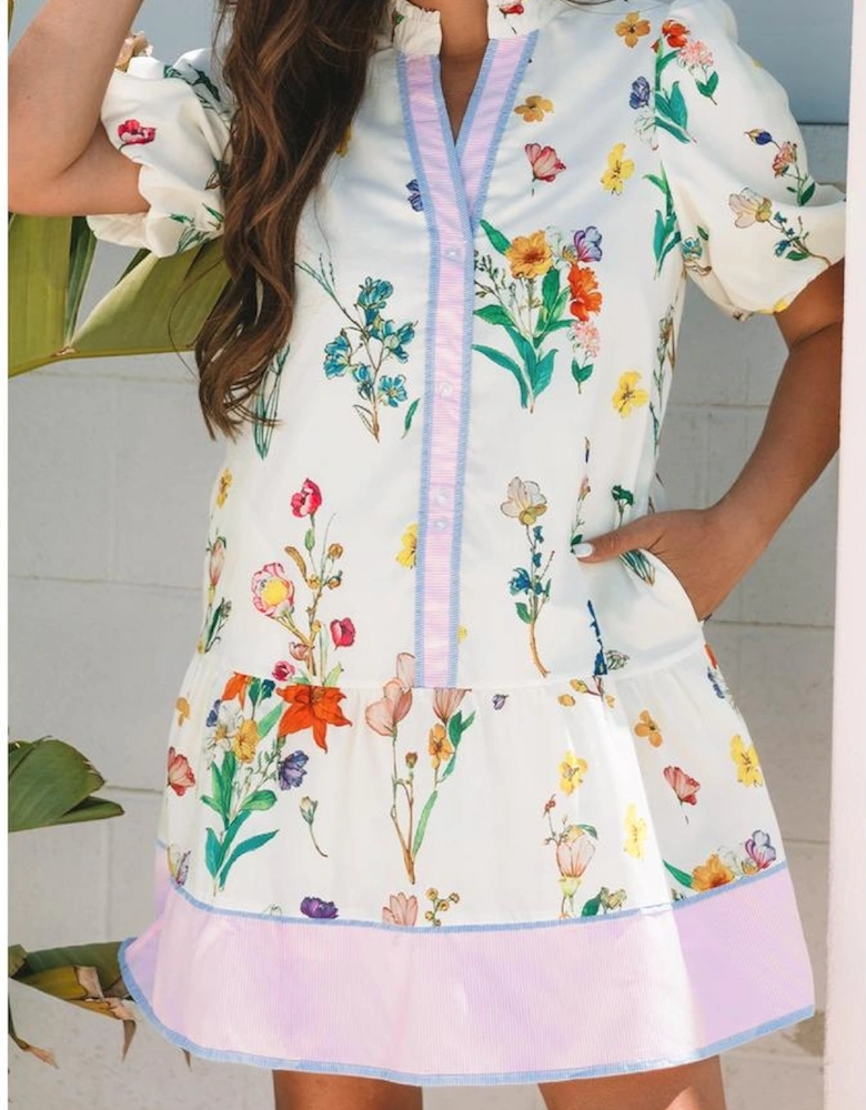 White Floral Print Contrast Striped Patchwork Short Puff Sleeve Dress