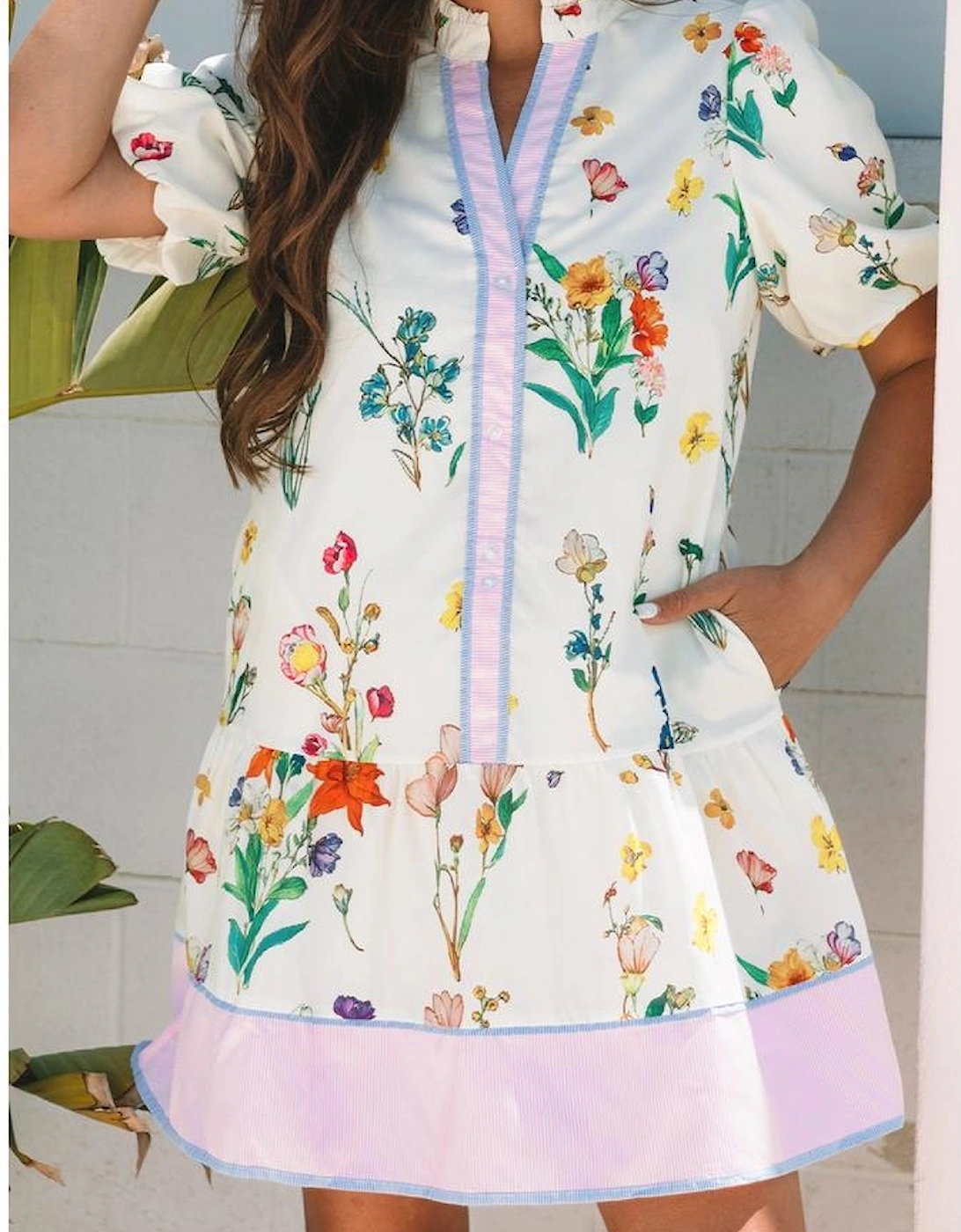 White Floral Print Contrast Striped Patchwork Short Puff Sleeve Dress