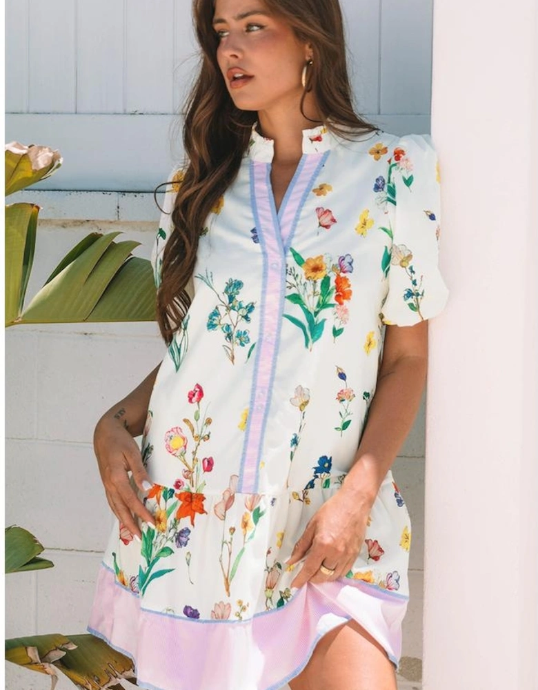 White Floral Print Contrast Striped Patchwork Short Puff Sleeve Dress