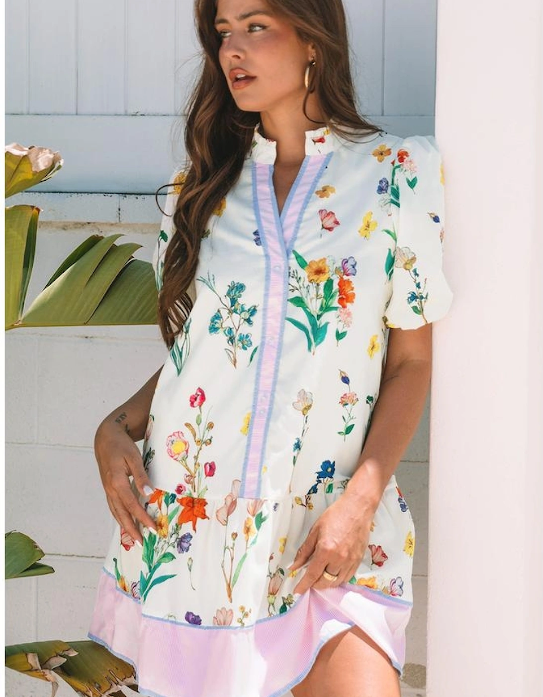 White Floral Print Contrast Striped Patchwork Short Puff Sleeve Dress